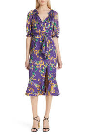 Free Shipping And Returns On Saloni Olivia Silk Blend Midi Dress At Nordstrom Com Lush Vines Spotted With Red And Pink Bloom Womens Dresses Dresses Midi Dress