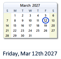 March 12, 2027 Calendar with Holidays & Count Down - USA