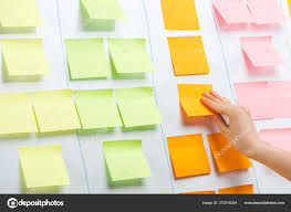 cropped view businesswoman attaching sticky notes copy space