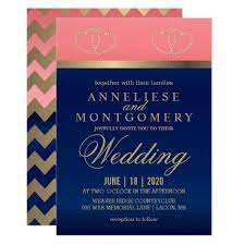 Coral And Navy Blue With Gold Hearts Invitation Zazzle Com Blue Wedding Invitations Coral And Gold Invitations