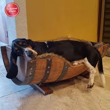 This dog bed is made from a repurposed wine barrel. Personalized Wine Barrel Pet Bed Barril De Vinho Marmore Carrara Ideias Legais