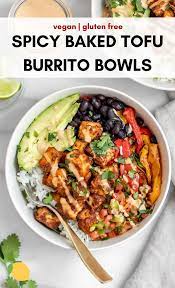 Crispy Baked Tofu Burrito Bowl Vegan Eat With Clarity Recipe Tofu Recipes Baked Tofu Vegan Burrito Bowls