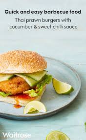 Thai Prawn Burgers With Cucumber And Sweet Chilli Sauce Recipe In 2019 Burgers Sweet Chilli Sauce Sweet Chilli Easy Bbq Recipes