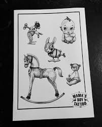 Its body is that of a horse with black dots and wings on its back, while its legs are connected to rockers. Mama S Boy Tattoo Mamasboytattoo Vintage Vintagetattoos