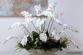 Buy white orchids in large copper pot online with free delivery. Luxury Lifelike Orchids In A Large Concrete Boat Preserved Floral Arrangements Silk Flowers