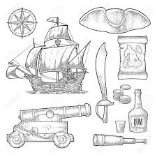 Maybe you would like to learn more about one of these? Set Pirate Adventure Cannon Rum Bottle Coins Saber Map Caravel Compass Rose Spyglass Tricorn Isolated On White Background Vector Black Vintage Engraving Royalty Free Cliparts Vectors And Stock Illustration Image 127634105