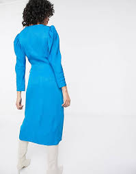 Free shipping by amazon +23. Other Stories Puff Sleeve Jacquard Midi Wrap Dress In Blue Asos