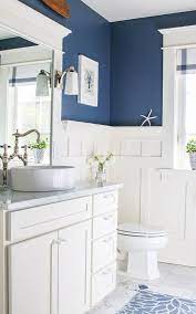 These stunning bathrooms, ranging in everything from teal to navy, will inspire you a twist on a a classic, andrew howard transformed this bathroom into a blue and white paradise. Navy Blue And White Bathroom Saw Nail And Paint Beach House Bathroom Blue White Bathrooms House Bathroom
