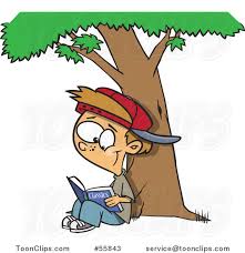 Cartoon White Boy Reading A Classic Book Under A Tree 55843 By Ron Leishman Kids reading under the tree with a cat.