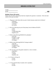 Test On The Immune System Middle High School By Spruce Science