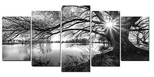 32 x 16 ( 81 cm x 41 cm) a unique piece of wall art full of vibrant colors and character. 5 Panels Black White Tree Canvas Wall Art Lake In Surise Time Landscape Canvas Pictures For Wall Framed Painting For Bedroom Living Room Office Ready To Hang Buy Online In Antigua