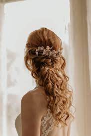 Half Up Half Down Rose Gold Curly Hair With Rose Gold Hairpiece And Crystal Detailing Rose Gold Hair Brunette Bun Hairstyles For Long Hair Rose Gold Hair Piece