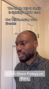 Dru Tejada crying over Everett in Power Book 2 Ghost, while a RICO is going 