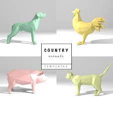 Set Of 4 Printable Diy Templates Pdf Country Animals Paper Model Templates Dog Cat Rooster Pig 3d Animal Paper Model Origami Diy Templates Diy Printables Paper Models