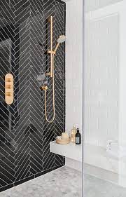 Herringbone In Shower In Diff Colour Marble Like This Shelf Black Herringbone Tile Bathroom Interior Design Modern Interior