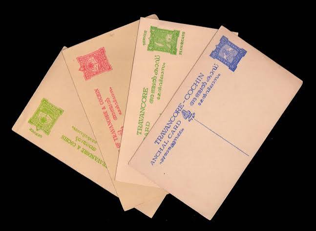 TRAVANCORE COCHIN ANCHAL- 4 Different Unused Postcards, Palm Tree, King Portrait - Indian Stamp Co. | Stampex India