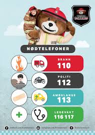Tidsintervallet fra publikum ringer 113 til ambulanse er fremme hos pasienten, kalles prehospital responstid (4). Nodnummerplakat Brannbamsen Bjornis