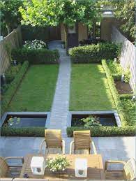 There is a narrow walkway around the pond. Landscape Ideas For Small Rectangular Backyard Small Gardens Backyard Landscaping Backyard Landscaping Designs