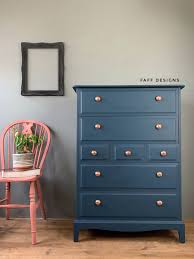 Stag Minstrel Tallboy Chest Of Drawers Painted In Nightfall By Vintro Paint Dark Navy Blue With Co Blue Chest Of Drawers Blue Furniture Blue Bedroom Furniture