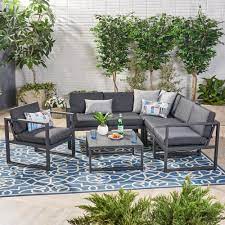 Noble House Navan Black 7 Piece Aluminum Patio Conversation Set With Dark Grey Cushions 68638 The Home Depot Conversation Set Patio Patio Furniture Deals Noble House