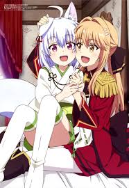 satou takamitsu, liscia elfrieden, tomoe inui, genjitsu shugi yuusha no  oukoku saikenki, uniform, absurdres, highres, magazine scan, official art,  promotional art, scan, 2girls, :d, ahoge, animal ears, clothes lift,  epaulettes, hair ribbon,