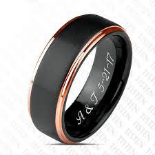 Personalized Tungsten Black Rose Gold Stepped Edge Ring Etsy Promise Rings For Guys Engraved Promise Rings Couples Ring Set