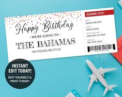 Birthday Travel Ticket Surprise Gift Certificate Printable Editable Template Personalized Gift Coupon Instant Diy Corjl Cruise Vacation In 2020 Birthday Travel Printable Gift Certificate Gift Coupons