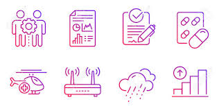 Rfp Capsule Pill And Medical Helicopter Line Icons Set Rainy