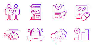 rfp capsule pill and medical helicopter line icons set rainy