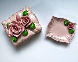 Vintage Pink Rose Ceramic Cigarette Box with Matching Ashtray Made in Japan  Vanity Set Trinket Box Jewelry Tray
