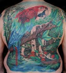 These tattoos are often colored, but can also be done in a traditional black and grey style. Back Landscape Parrot Tattoo By Cartel Ink Works