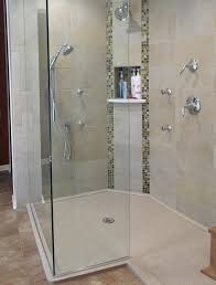 Custom Shaped Low Threshold Solid Surface Base With A Clear Frameless Glass Enclosure And Ceramic Tile Walls Shower Remodel Shower Panels Bathrooms Remodel