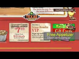 Valid for one free cactus blossom, fried pickles, tater skins cheese fries, rattlesnake bites, or sidekick of ribs with. Texas Roadhouse Restaurant Coupons