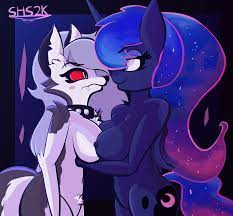 2girls alicorn anthro anthro on anthro big breasts blue body blue  eyes blue hair blush breasts canine crossover cute female female only  friendship is magic fur furry gray fur
