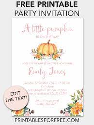 A set of free printable cards featuring blue, yellow, and brown invitation cards with a cute giraffe. Pumpkin Floral Printable Baby Shower Invitation Printables For Free Printable Birthday Invitations Printable Baby Shower Invitations Free Printable Baby Shower Invitations