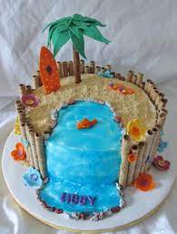 Use vibrant colors, like orange and yellow, to paint abstract strokes on a fondant cake. Pin By Olinda Zavaleta On Cake Decorating Ideas Luau Birthday Cakes Beach Themed Cakes Luau Cakes