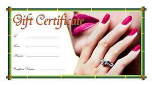 This template includes gift certificates in three different colors. Nail Salon Gift Certificate Design Free 1 Gift Certificate Template Certificate Templates Pedicure Gift