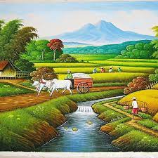 100 gambar sketsa pemandangan alam pantai gunung desa air terjun. Lukisan Pemandangan Sawah Dan Petani