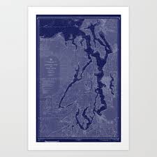 Puget Sound Washington State Nautical Chart Map Print 1956 Dark Blue Map Art Prints Art Print By Chartedwaters