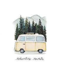 Vw Bus Adventure Awaits Road Trip In The Mountains Original Art Print Bus Art Etsy Art Prints Bus Drawing