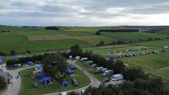 View of the Pomeroy Caravan & Camping grounds, surrounded by fields