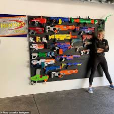 Sheet of pegboard (size will vary based on your needs). Roxy Jacenko Installs An Incredible 4mx4m Nerf Gun Rack For Her Son Hunter Curtis Sixth Birthday Daily Mail Online