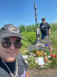 One of the final photographs of musicians Buddy Holly, J.P. Richardson, and  Ritchie Valens, posing before boarding a plane that tragically crashed into  an Iowa field