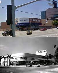 Sw Corner Of Sunset Boulevard And Fairfax Avenue 1940 And Now Los Angeles History California History Hollywood Building