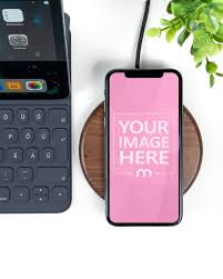 Mockup Template Featuring Top View Of A Space Gray Iphone Xs Lying On A Charger Pad Right Next To An Ipad Pro With Keyboard Iphone Photoshop Mockup Free Mockup