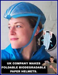 A UK company has designed a revolutionary product: foldable, biodegradable  paper helmets. Made from a special type of recycled paper that's treated  for strength and water resistance, these helmets are designed to