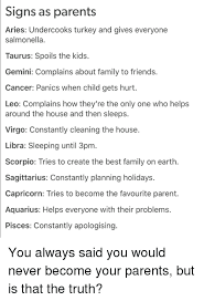 It is also a good idea to visit the library together and share quality books to help them get additional knowledge than classroom lessons. Signs As Parents Aries Undercooks Turkey And Gives Everyone Salmonella Taurus Spoils The Kids Gemini Complains About Family To Friends Cancer Panics When Child Gets Hurt Leo Complains How They Re The Only