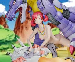 alazeldorky, metalgarurumon, shiramine nokia, wargreymon, digimon, digimon  story: cyber sleuth, highres, 1girl, 2boys, 3d, breasts, closed eyes,  digimon (creature), interspecies, jewelry, multiple boys, necklace,  nipples, nude, outdoors, red hair, sex ...