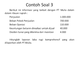 Begitulah informasi yang bisa kami uraikan mengenai contoh soal dan jawaban laporan laba rugi komprehensif. Laporan Laba Rugi Komprehensif Lanjutan Ppt Download