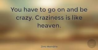 I dove into the craziness and did things that maybe i would think twice about. Jimi Hendrix You Have To Go On And Be Crazy Craziness Is Like Heaven Quotetab